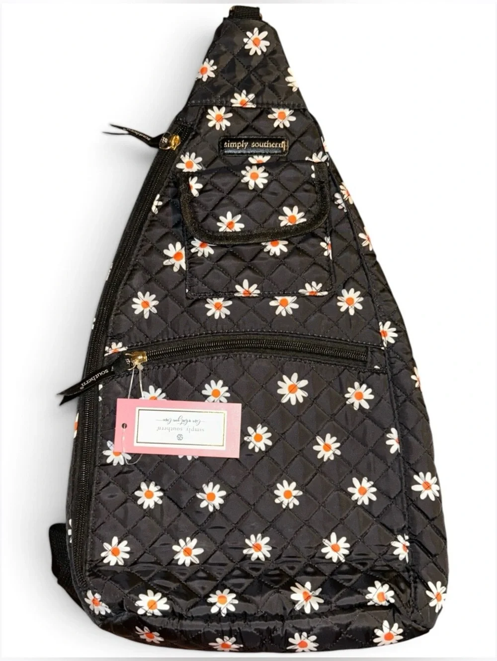 NWT Simply Southern Black Daisy Quilted Sling Lightweight Backpack Crossbody Bag